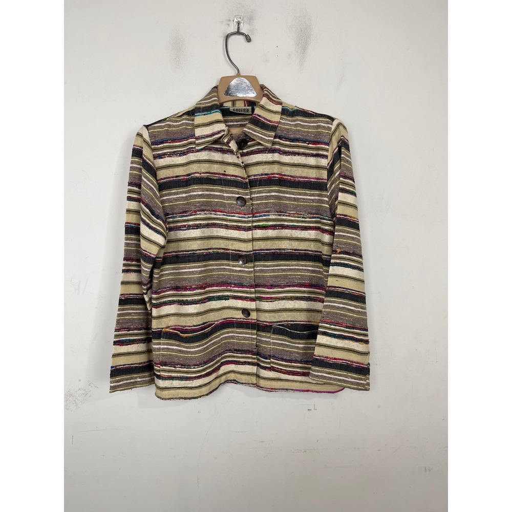 Chicos Design Silk Blend Striped Jacket Multi Color Boho Button Front Size 0